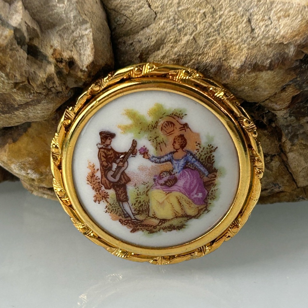 Limoges Fragonard Courting Couple Porcelain Brooch Made in France Circle Round